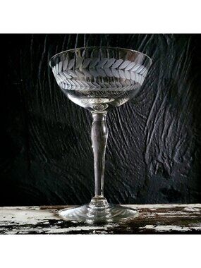 Vintage Laurel Wreath Etched Glass Champagne Coupe Long Stem High Sherbet Glass